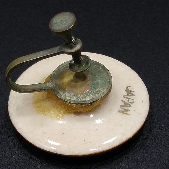 Vintage Japanese Satsuma Porcelain Earrings, Screw Backs, Bamboo Pattern - Picture 5 of 10